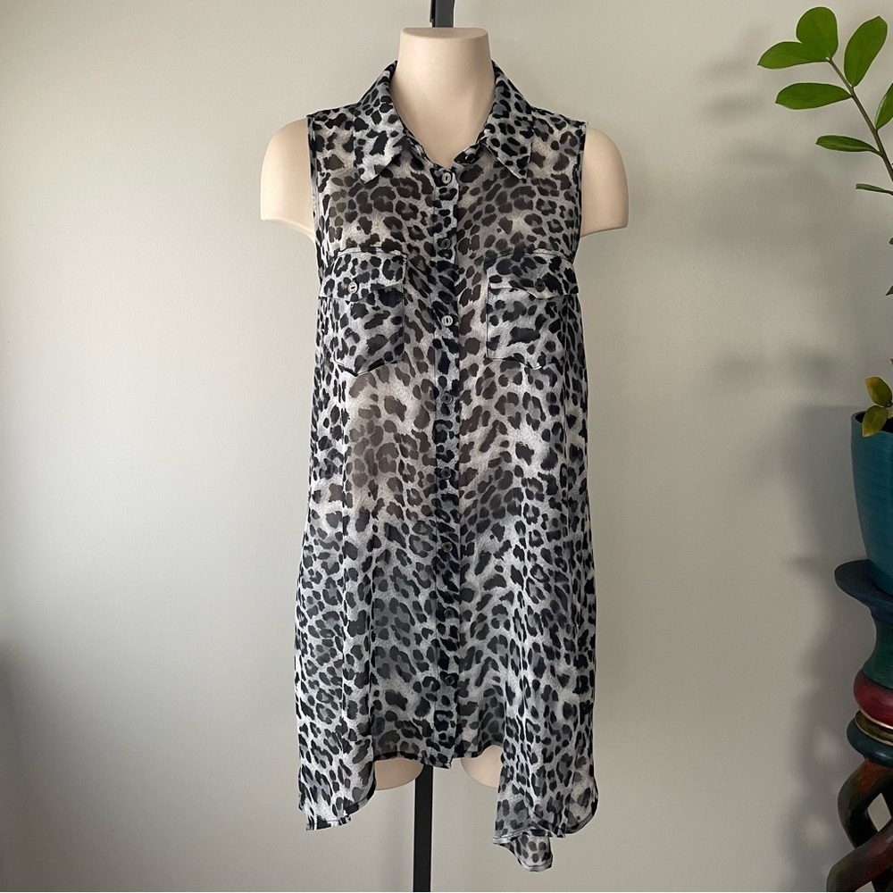 BCBGMaxazria Animal Print Chiffon Tunic Long Blouse Top Cougar Leopard Print